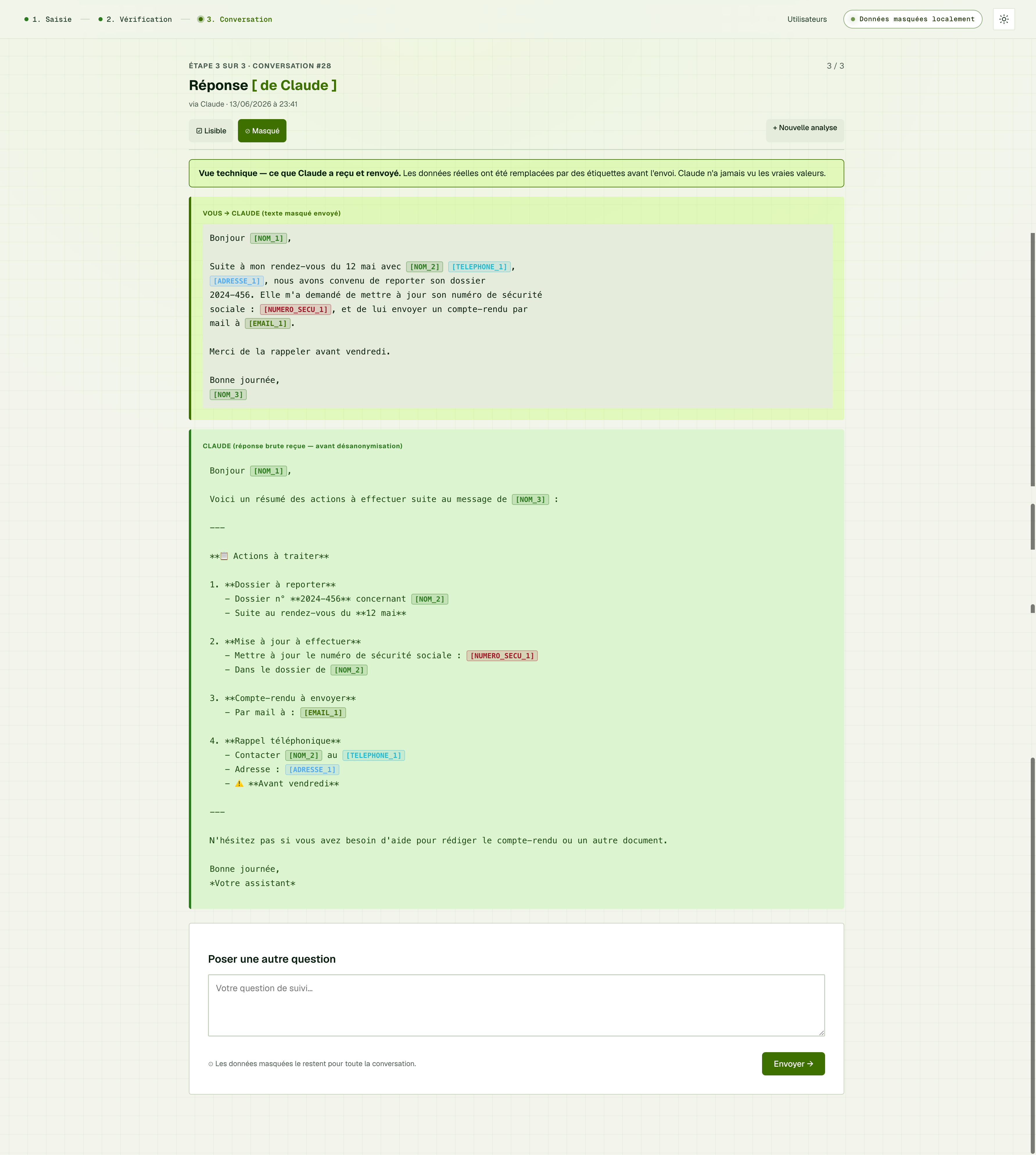 Vue Masqué d'applitpe : le texte original dont les noms, adresses, téléphone, email et numéro de sécurité sociale sont remplacés par des étiquettes [NOM_1], [ADRESSE_1], [NUMERO_SECU_1] avant d'être envoyé à l'IA.